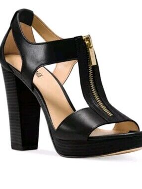 Michael Kors Berkley Black Leather T-Strap Platform Heels with Gold Zip Size 9.5